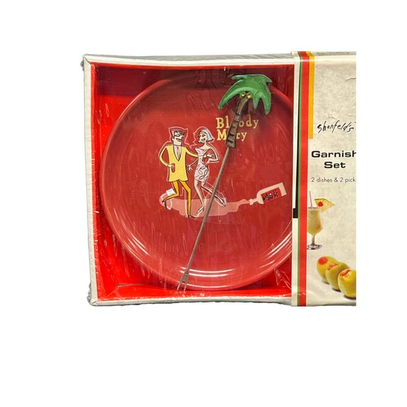 Shonfeld's Cocktail Garnish Set 2 Dishes 2 Picks Retro Design - Picture 2 of 4